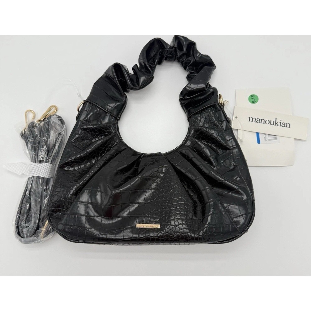 Manoukian French Black Purse Faux‎ Croc Gold Hardware
